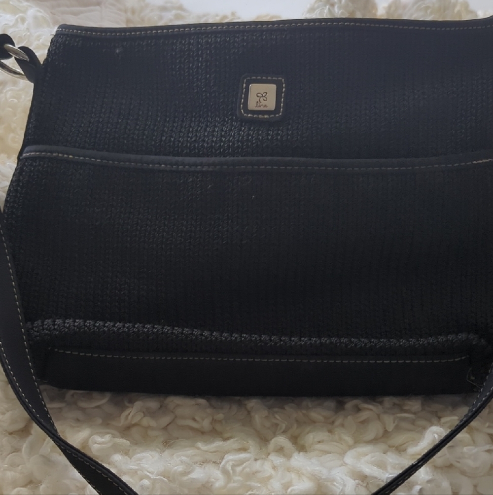 Lina Black Woven Shoulder Bag with Front Pocket
